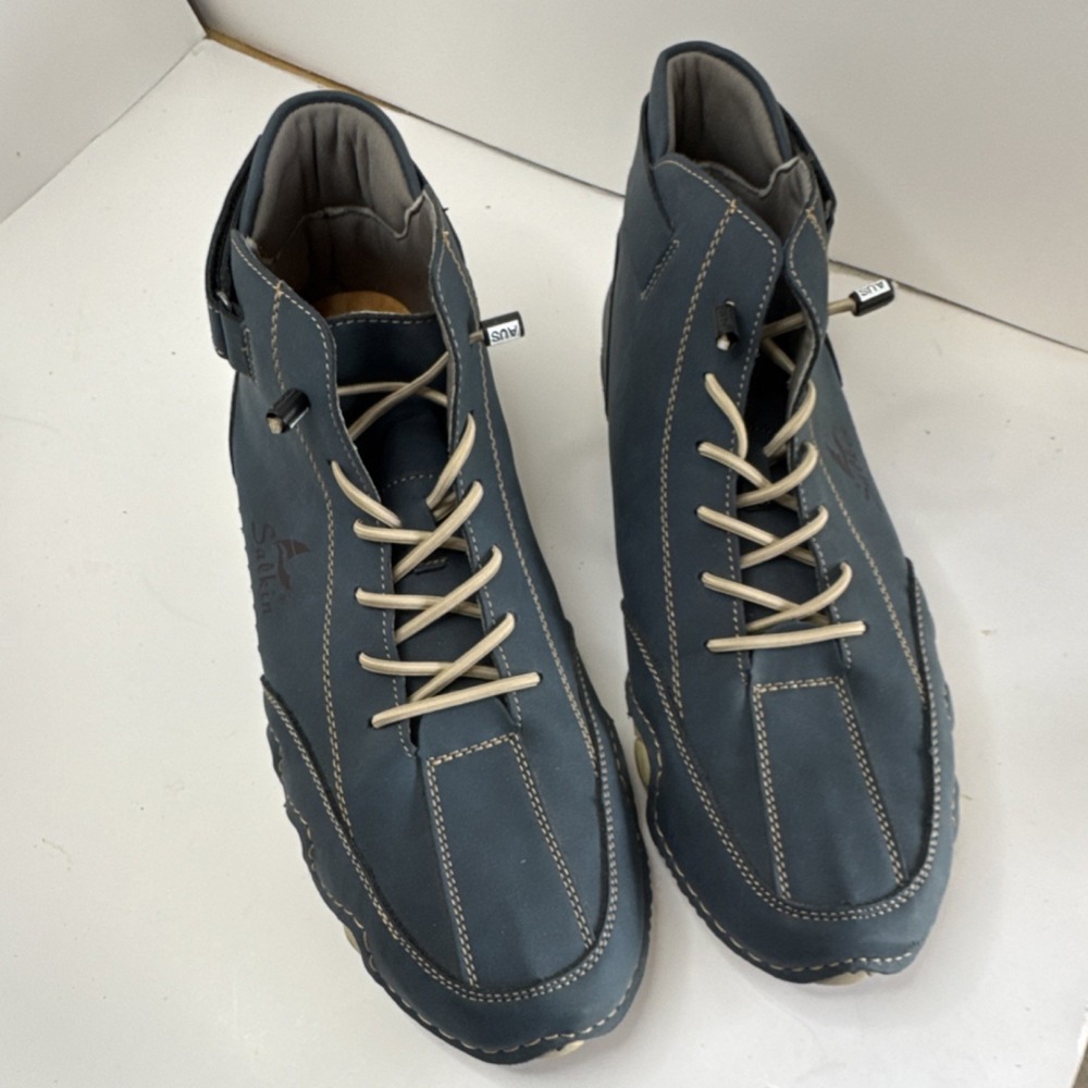 Salkin Blue Beige Leather Ankle Chukka Boots Lace Up Comfort Rubber Outsole Men